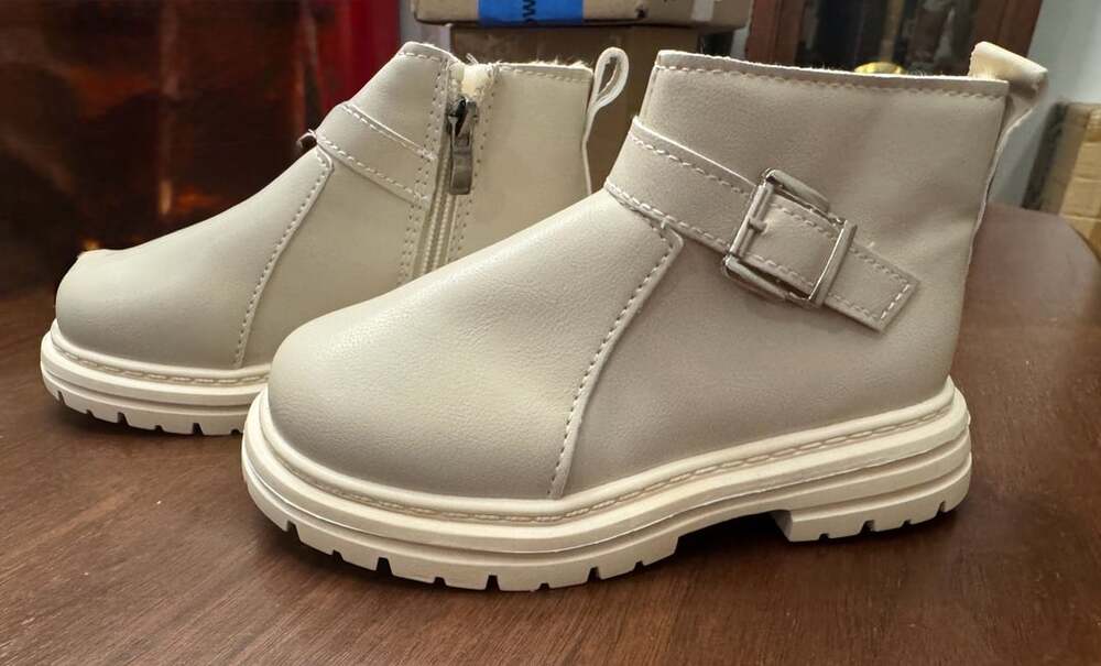 Toddler Girls Beige Side Zipper Faux Fur Lined Ankle Boots with Buckle Strap